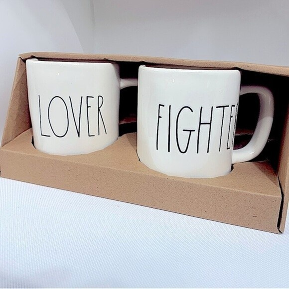 Rae Dunn Lover & Fighter Ceramic Coffee Mug Set‎ - Picture 4 of 5